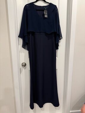 Lauren Ralph Lauren Navy Blue Mother of Bride Chiffon Cape Evening Dress NWT